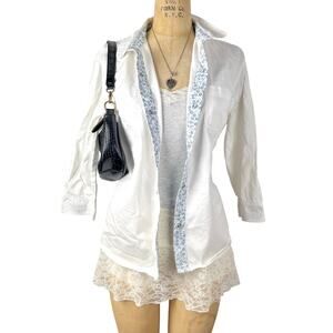 Vtg Blast Western Cotton Button Up Shirt L White Floral Trim Cowgirl Minimal